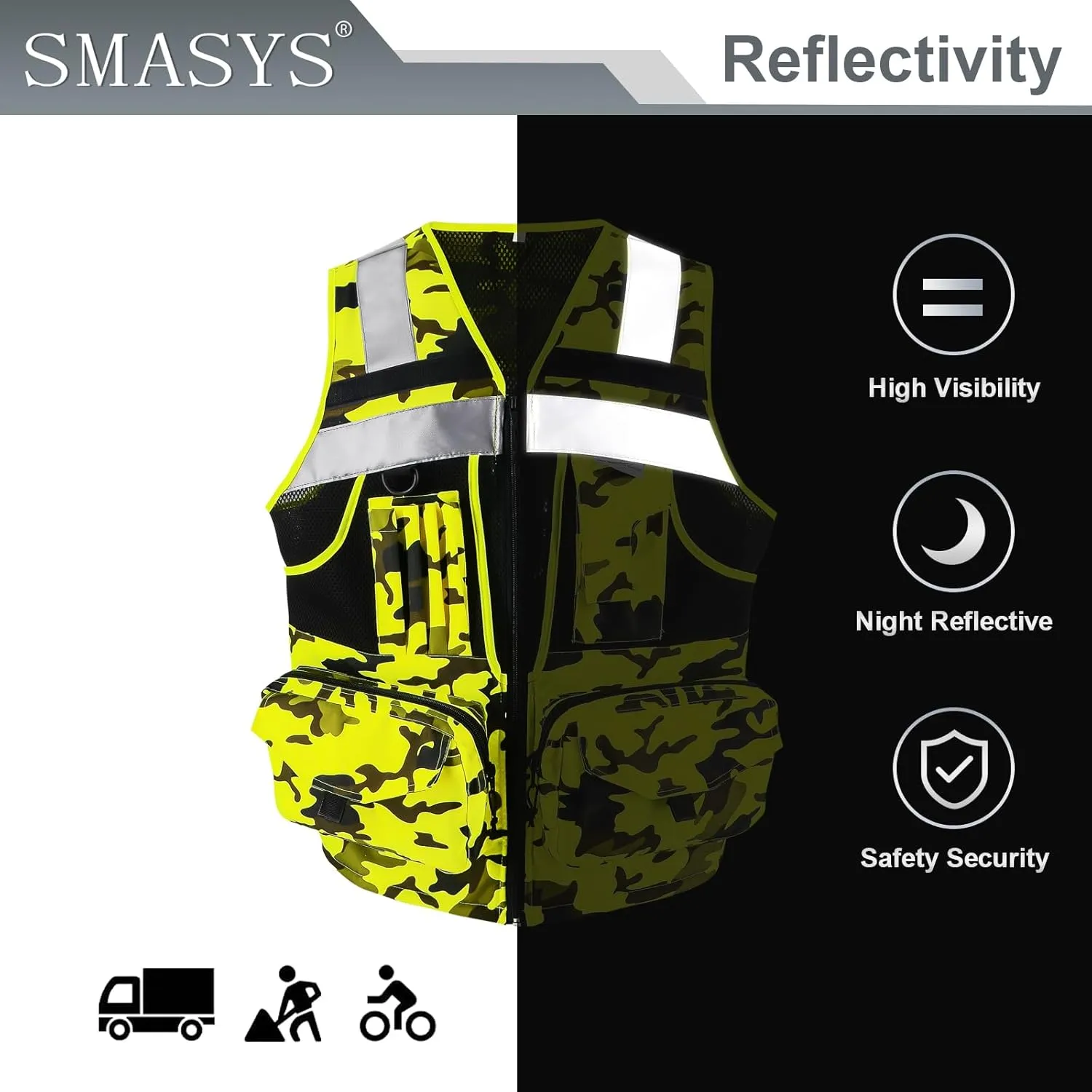 SMASYS Hi Vis Safety Vest with 3M Reflective Tape, knitted and Oxford Fabric with Pockets,Multifunction Construction Workwear
