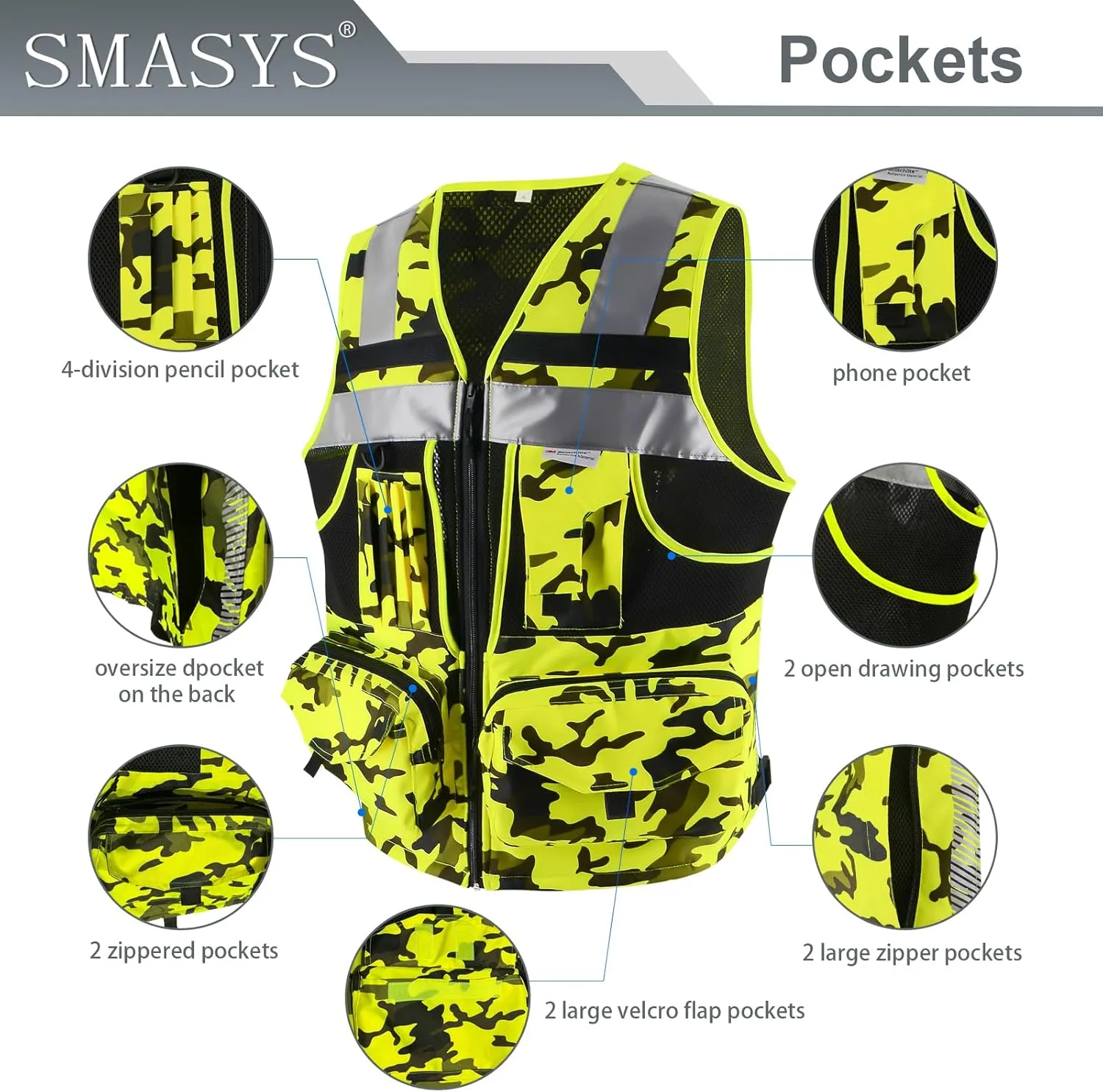 SMASYS Hi Vis Safety Vest with 3M Reflective Tape, knitted and Oxford Fabric with Pockets,Multifunction Construction Workwear