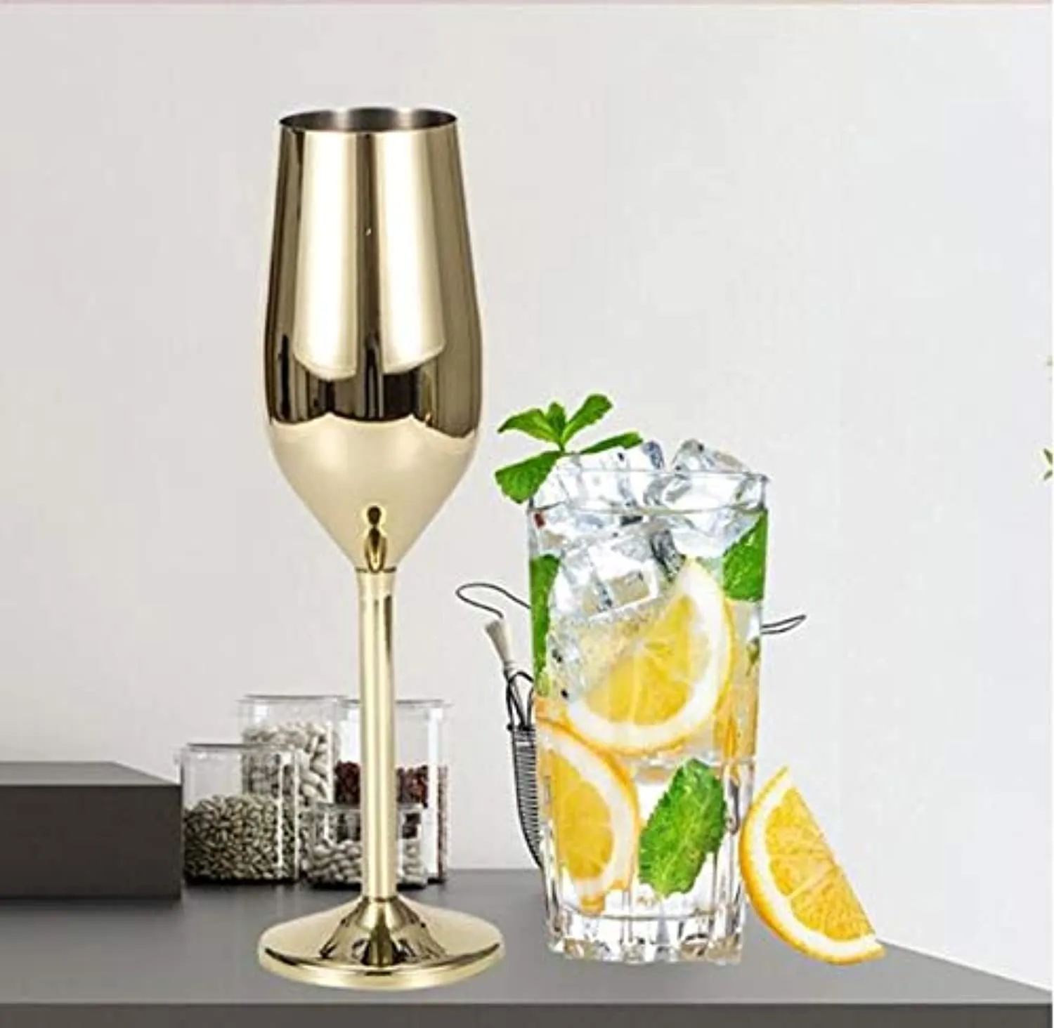 Stainless Steel Champagne Flutes Glass Set of 2,(gold)