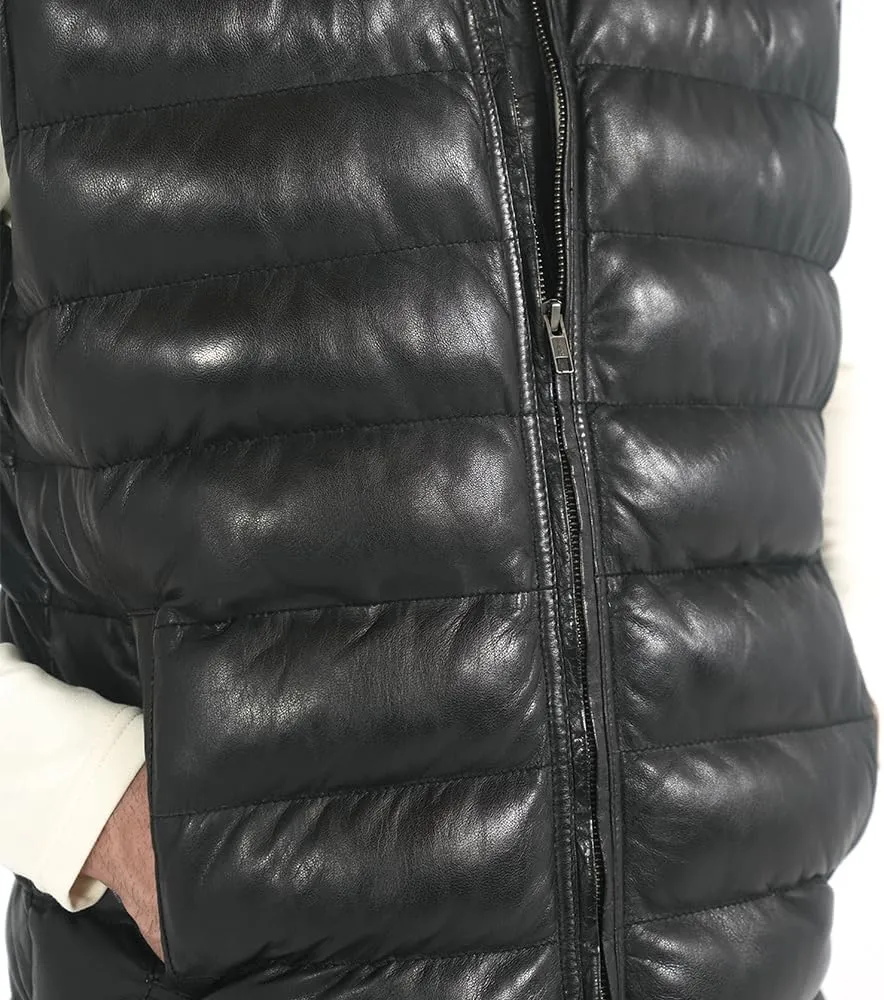 STREGA Puffer Vest Men Real Lambskin Leather Quilted Down Waistcoat Jacket - Outdoor Sleeveless Mens Vests