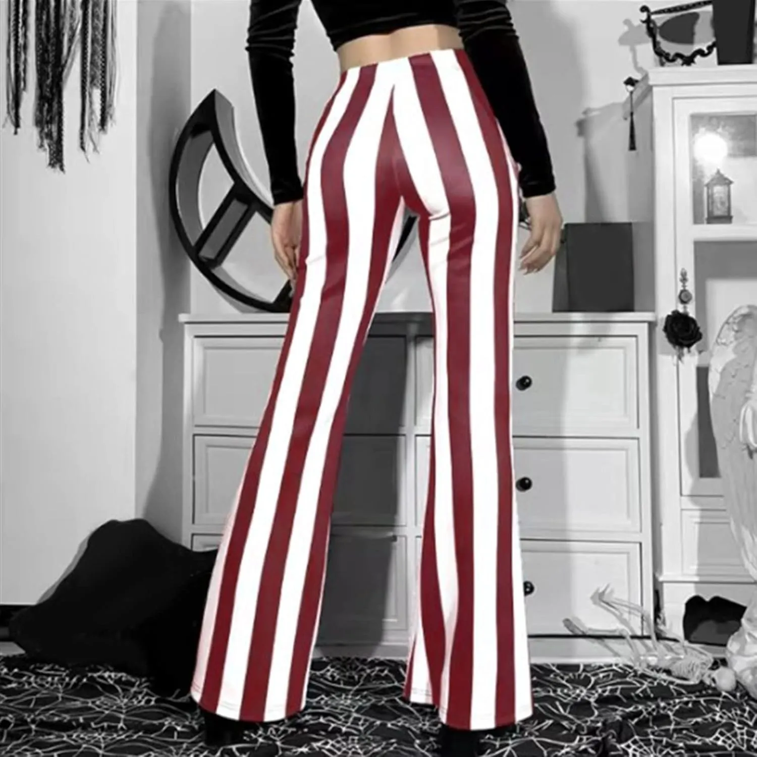 Stripe Long Pants Trousers Vertical Flare Bell Stretch Women High Waist Bottoms Plus Size Pants Crop Pants for