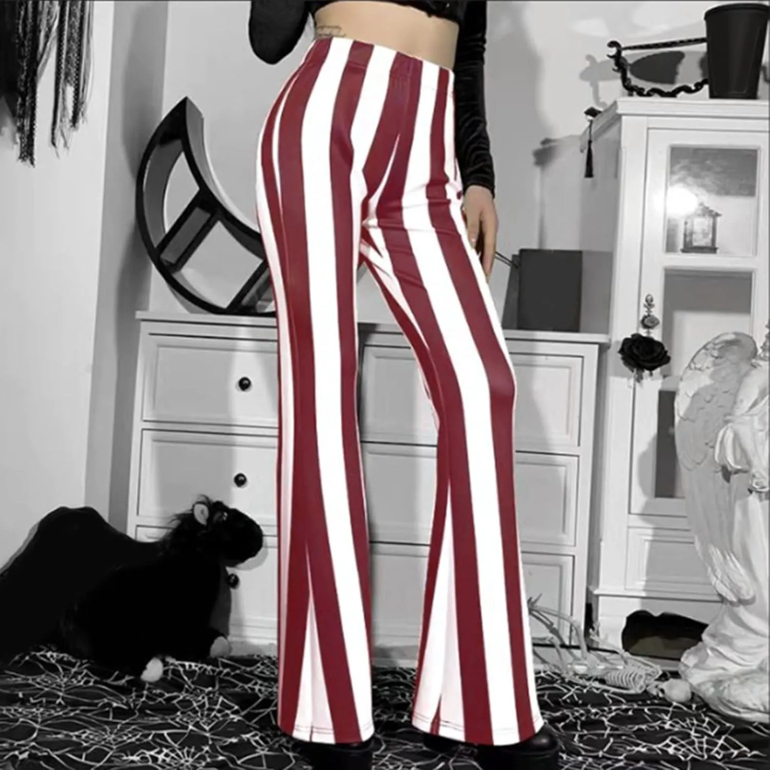 Stripe Long Pants Trousers Vertical Flare Bell Stretch Women High Waist Bottoms Plus Size Pants Crop Pants for