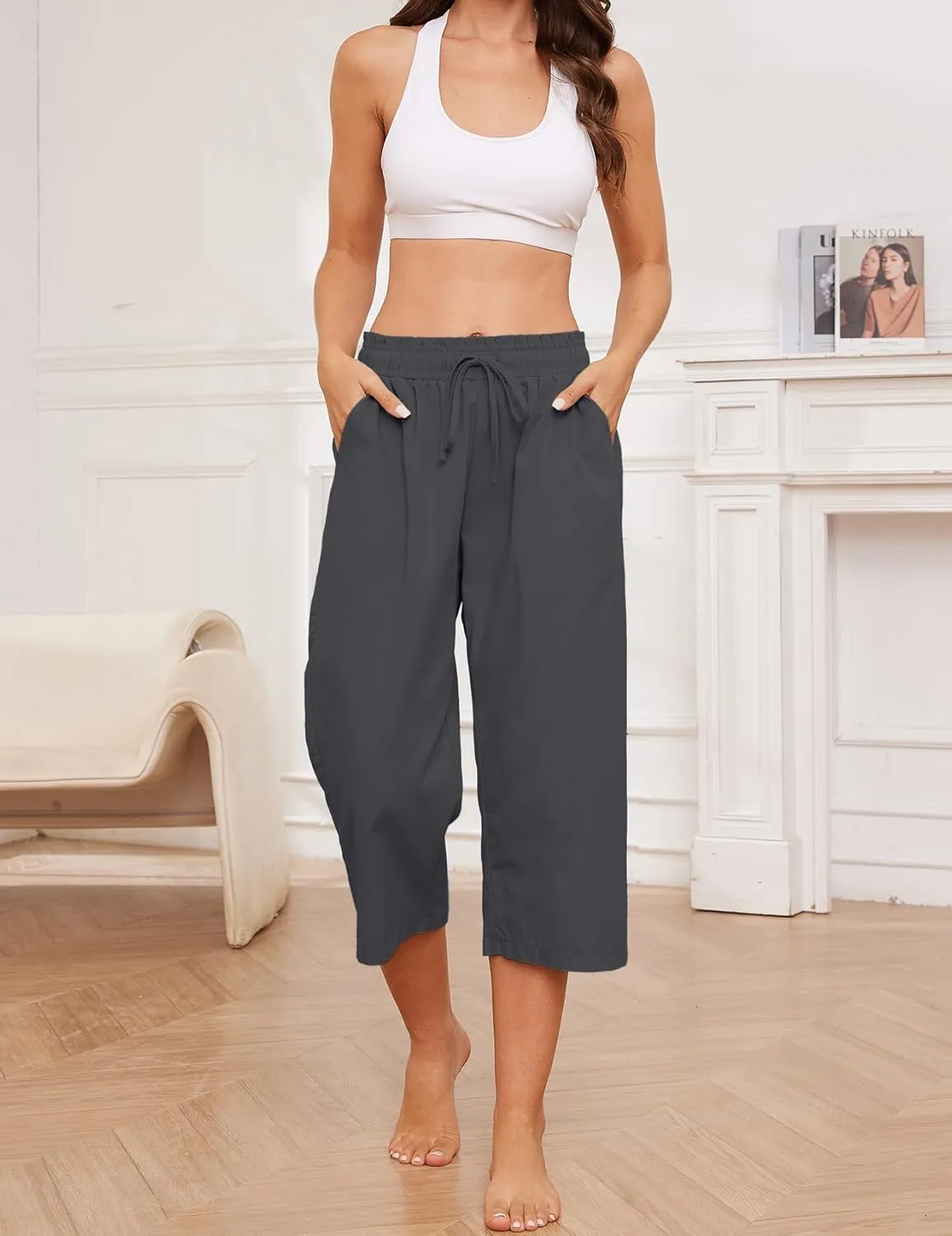 Summer Women's Casual Capri Pants Baggy Lounge Drawstring Pants Plus Size Wide Leg Croped Pants with Pockets