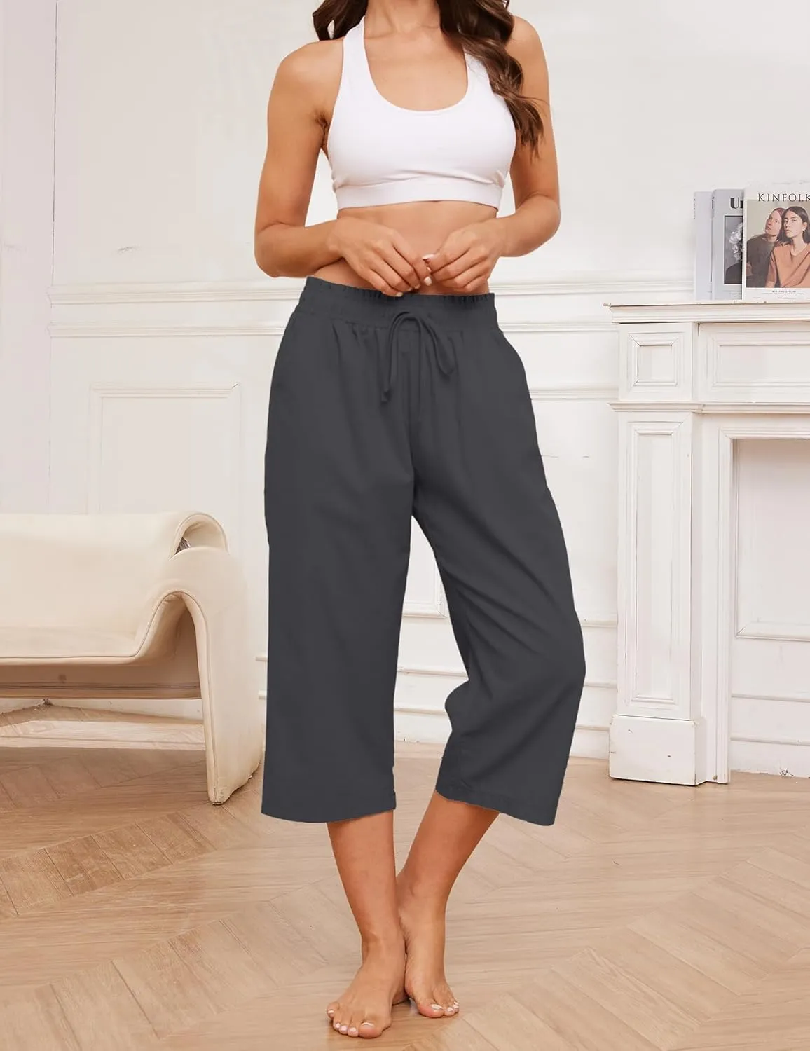 Summer Women's Casual Capri Pants Baggy Lounge Drawstring Pants Plus Size Wide Leg Croped Pants with Pockets
