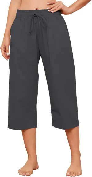 Summer Women's Casual Capri Pants Baggy Lounge Drawstring Pants Plus Size Wide Leg Croped Pants with Pockets