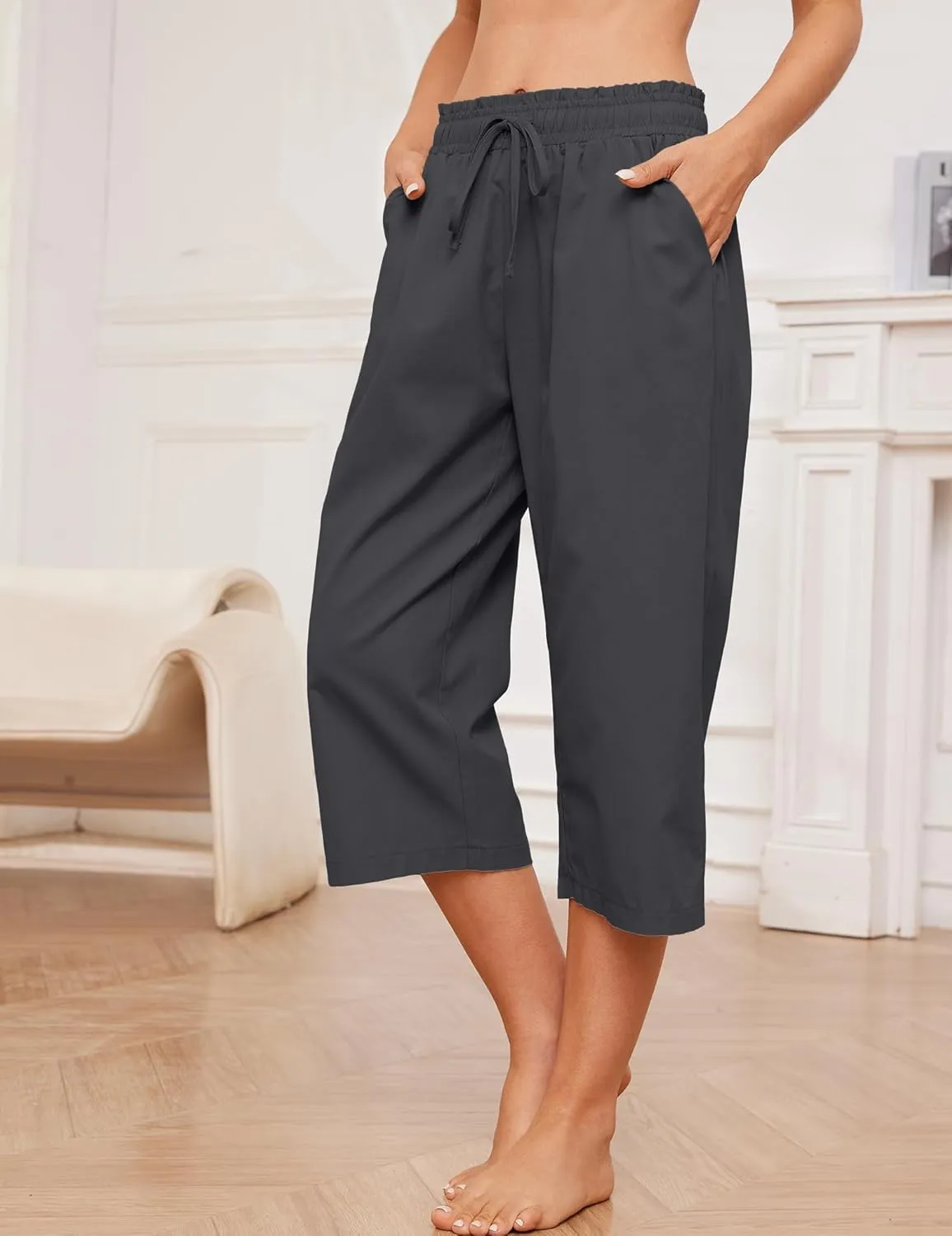Summer Women's Casual Capri Pants Baggy Lounge Drawstring Pants Plus Size Wide Leg Croped Pants with Pockets