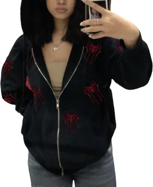 Sunwittafy Y2k Hoodie Men Women Black Rhinestone Zip Up Hoodie Grunge Hooded Oversized Sweatshirt Harajuku Streetwear