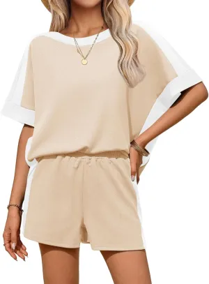 Tankaneo Womens 2 Piece Summer Outfits Oversized Short Sleeve Tops and Shorts Matching Sets Color Block Lounge Set