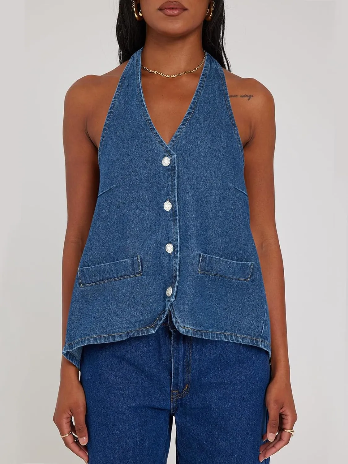 Tankaneo Womens Halter Denim Vest Tops Summer Open Back Y2K Going Out Tank Tops V Neck Button Down Jean Shirts