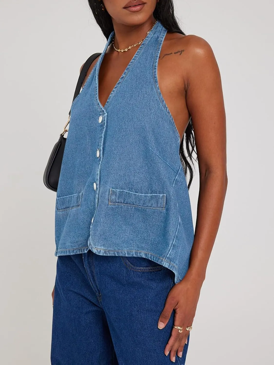 Tankaneo Womens Halter Denim Vest Tops Summer Open Back Y2K Going Out Tank Tops V Neck Button Down Jean Shirts