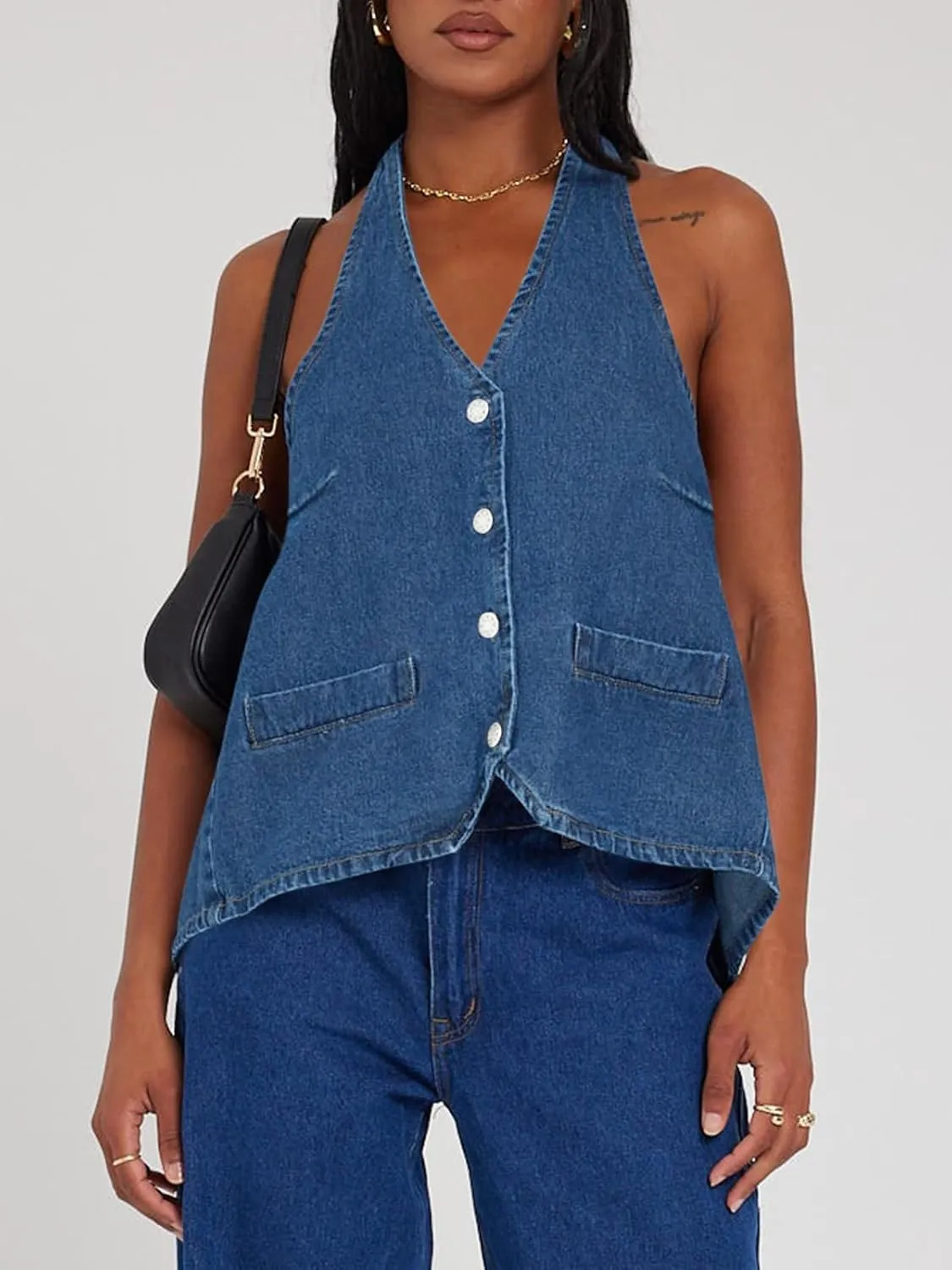 Tankaneo Womens Halter Denim Vest Tops Summer Open Back Y2K Going Out Tank Tops V Neck Button Down Jean Shirts