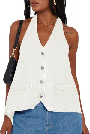 Tankaneo Womens Halter Denim Vest Tops Summer Open Back Y2K Going Out Tank Tops V Neck Button Down Jean Shirts