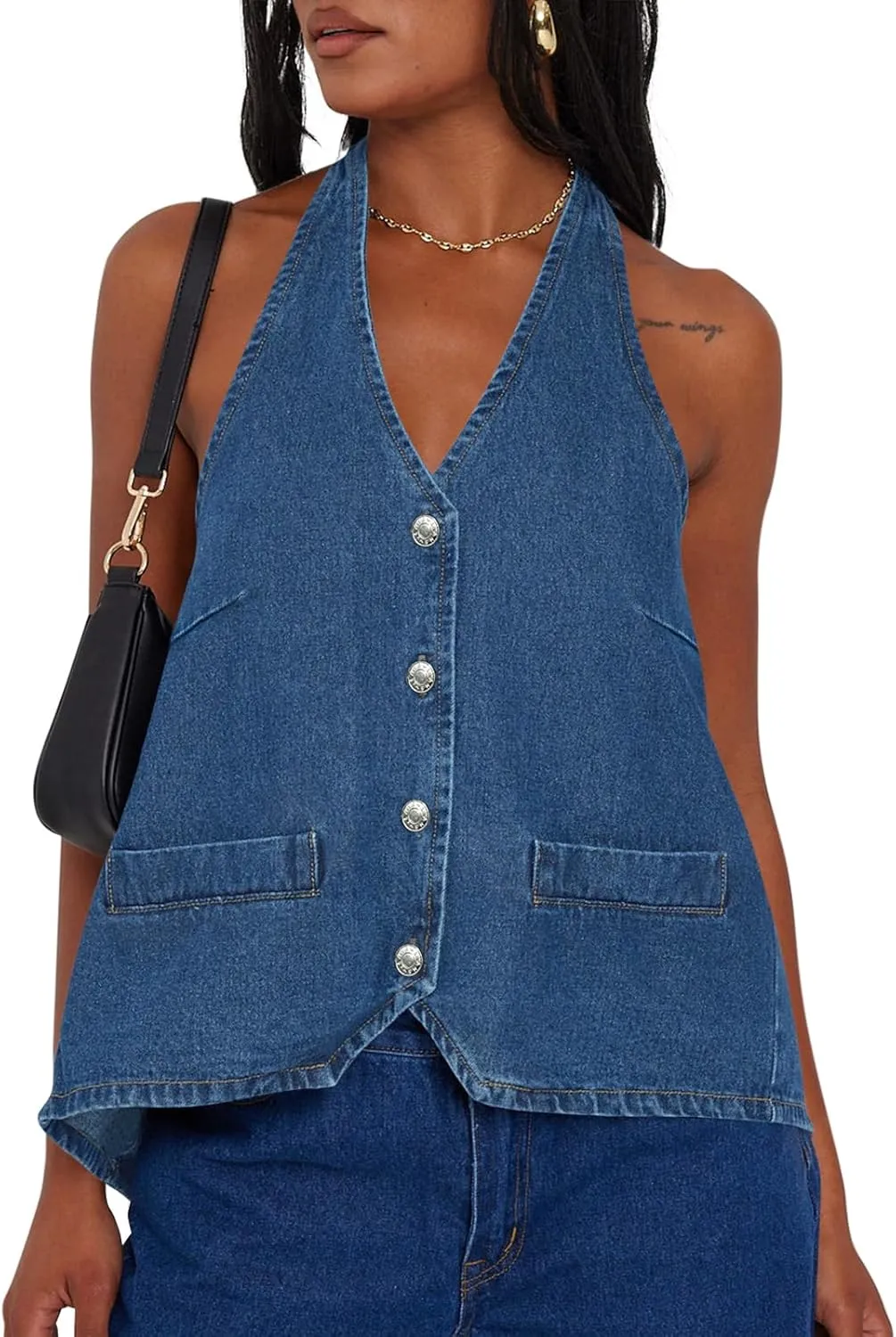 Tankaneo Womens Halter Denim Vest Tops Summer Open Back Y2K Going Out Tank Tops V Neck Button Down Jean Shirts