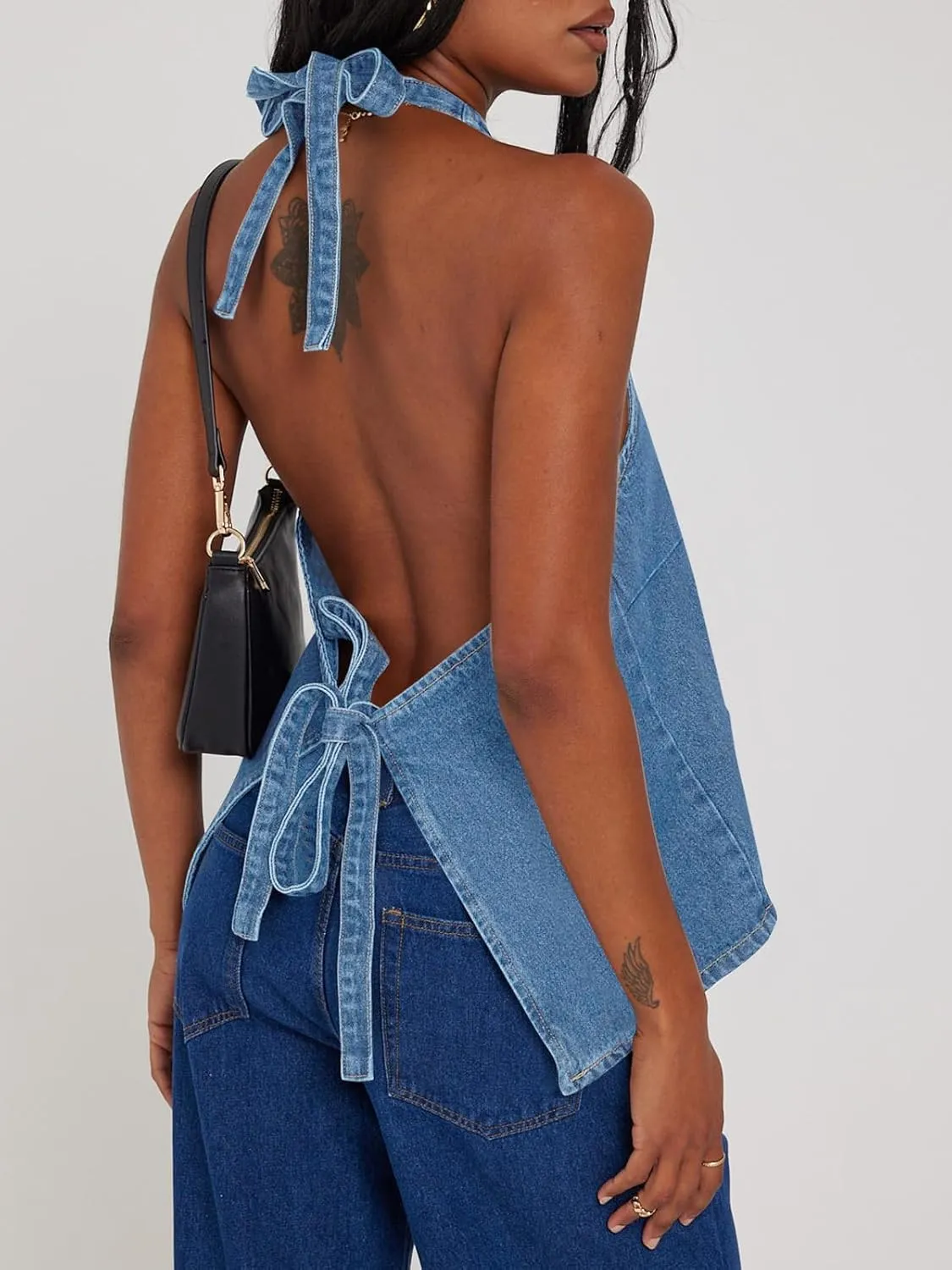 Tankaneo Womens Halter Denim Vest Tops Summer Open Back Y2K Going Out Tank Tops V Neck Button Down Jean Shirts