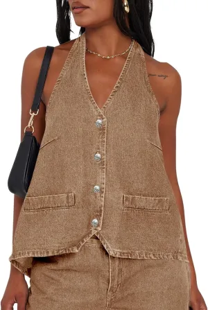 Tankaneo Womens Halter Denim Vest Tops Summer Open Back Y2K Going Out Tank Tops V Neck Button Down Jean Shirts