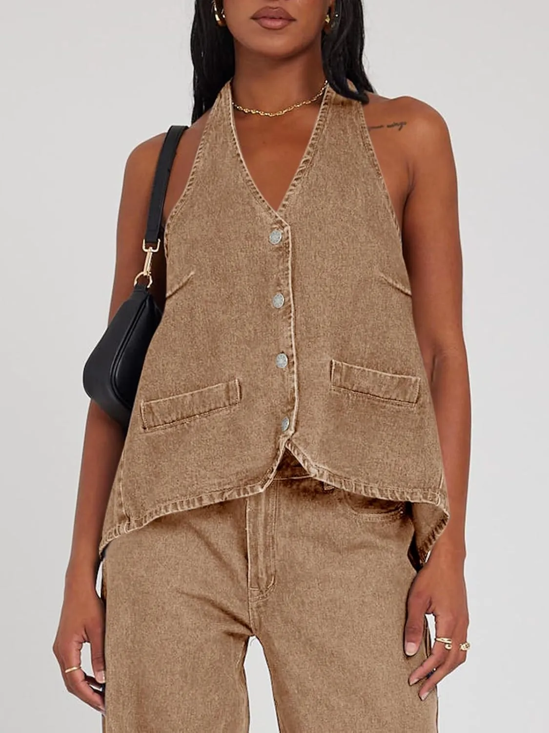 Tankaneo Womens Halter Denim Vest Tops Summer Open Back Y2K Going Out Tank Tops V Neck Button Down Jean Shirts