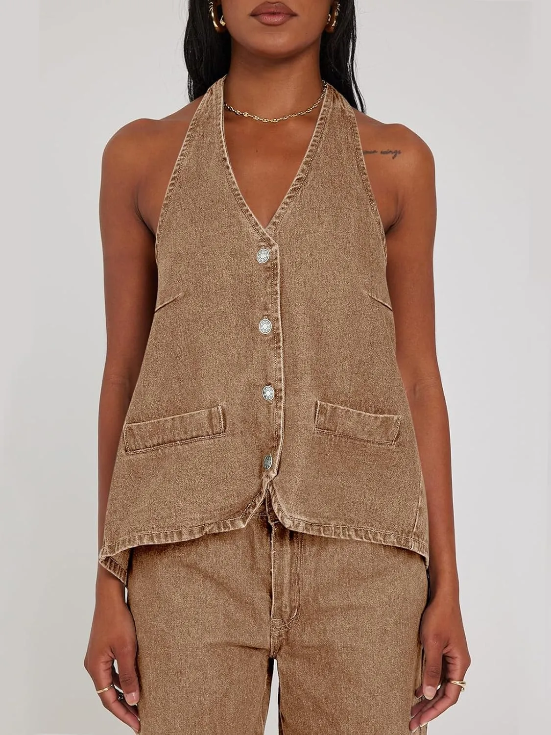 Tankaneo Womens Halter Denim Vest Tops Summer Open Back Y2K Going Out Tank Tops V Neck Button Down Jean Shirts
