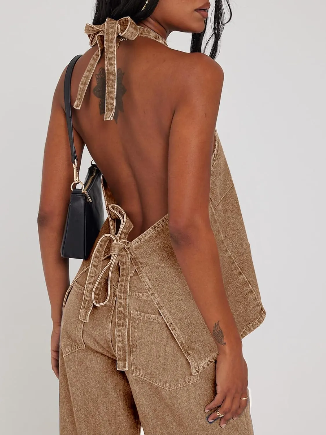 Tankaneo Womens Halter Denim Vest Tops Summer Open Back Y2K Going Out Tank Tops V Neck Button Down Jean Shirts