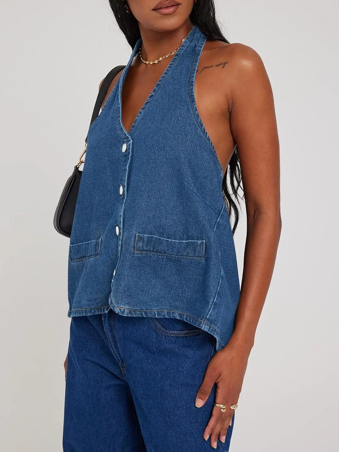 Tankaneo Womens Halter Denim Vest Tops Summer Open Back Y2K Going Out Tank Tops V Neck Button Down Jean Shirts