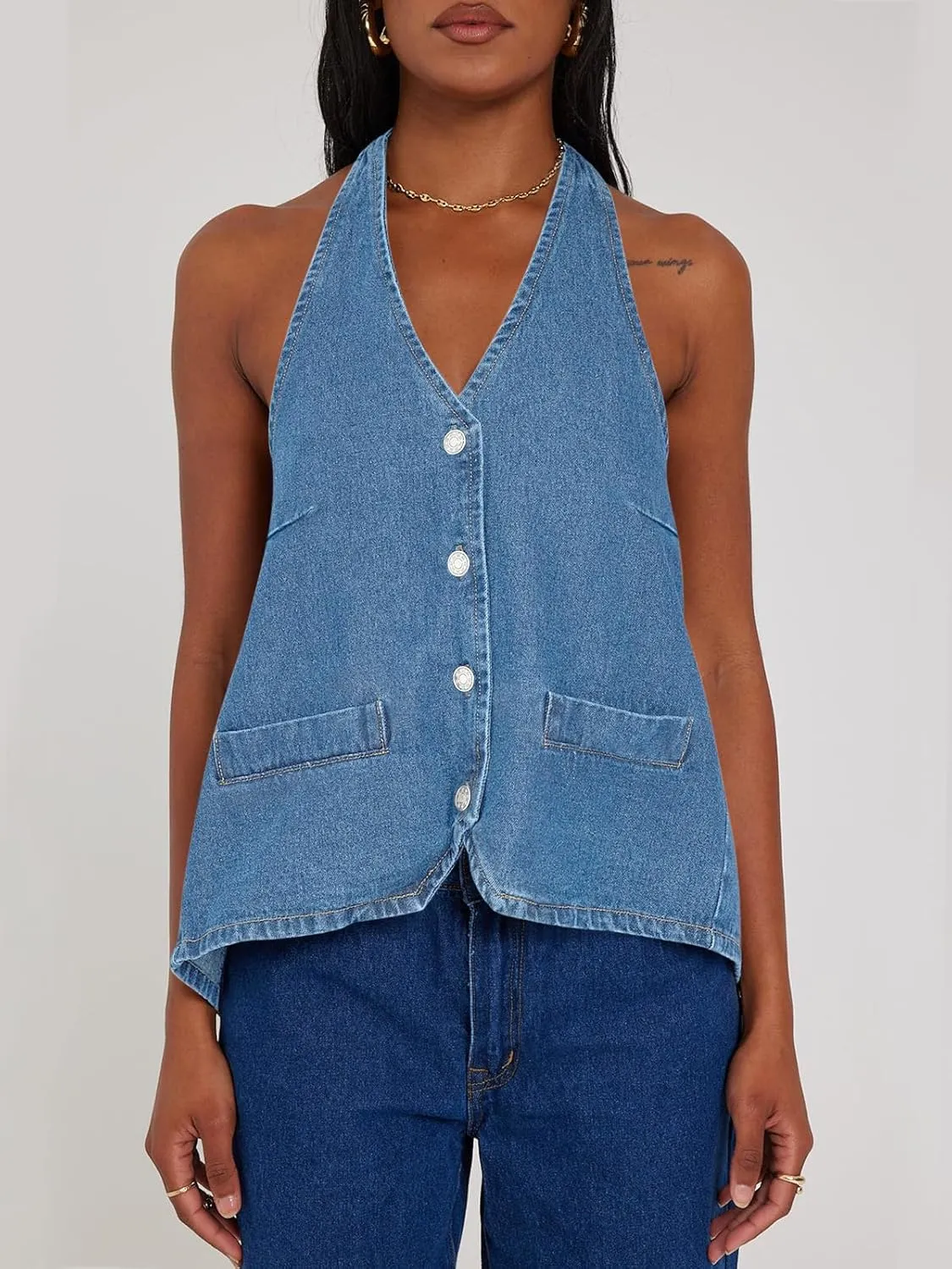Tankaneo Womens Halter Denim Vest Tops Summer Open Back Y2K Going Out Tank Tops V Neck Button Down Jean Shirts