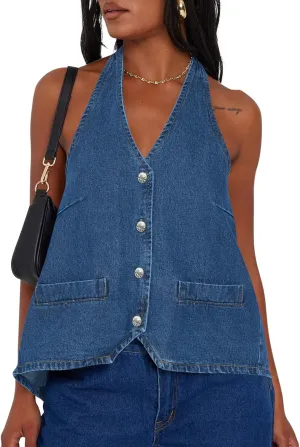 Tankaneo Womens Halter Denim Vest Tops Summer Open Back Y2K Going Out Tank Tops V Neck Button Down Jean Shirts