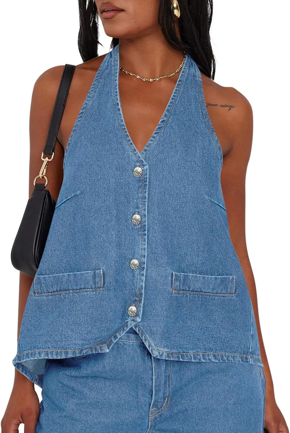 Tankaneo Womens Halter Denim Vest Tops Summer Open Back Y2K Going Out Tank Tops V Neck Button Down Jean Shirts