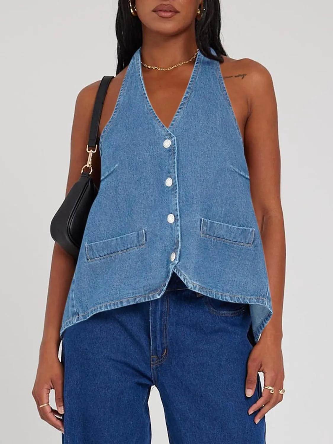 Tankaneo Womens Halter Denim Vest Tops Summer Open Back Y2K Going Out Tank Tops V Neck Button Down Jean Shirts