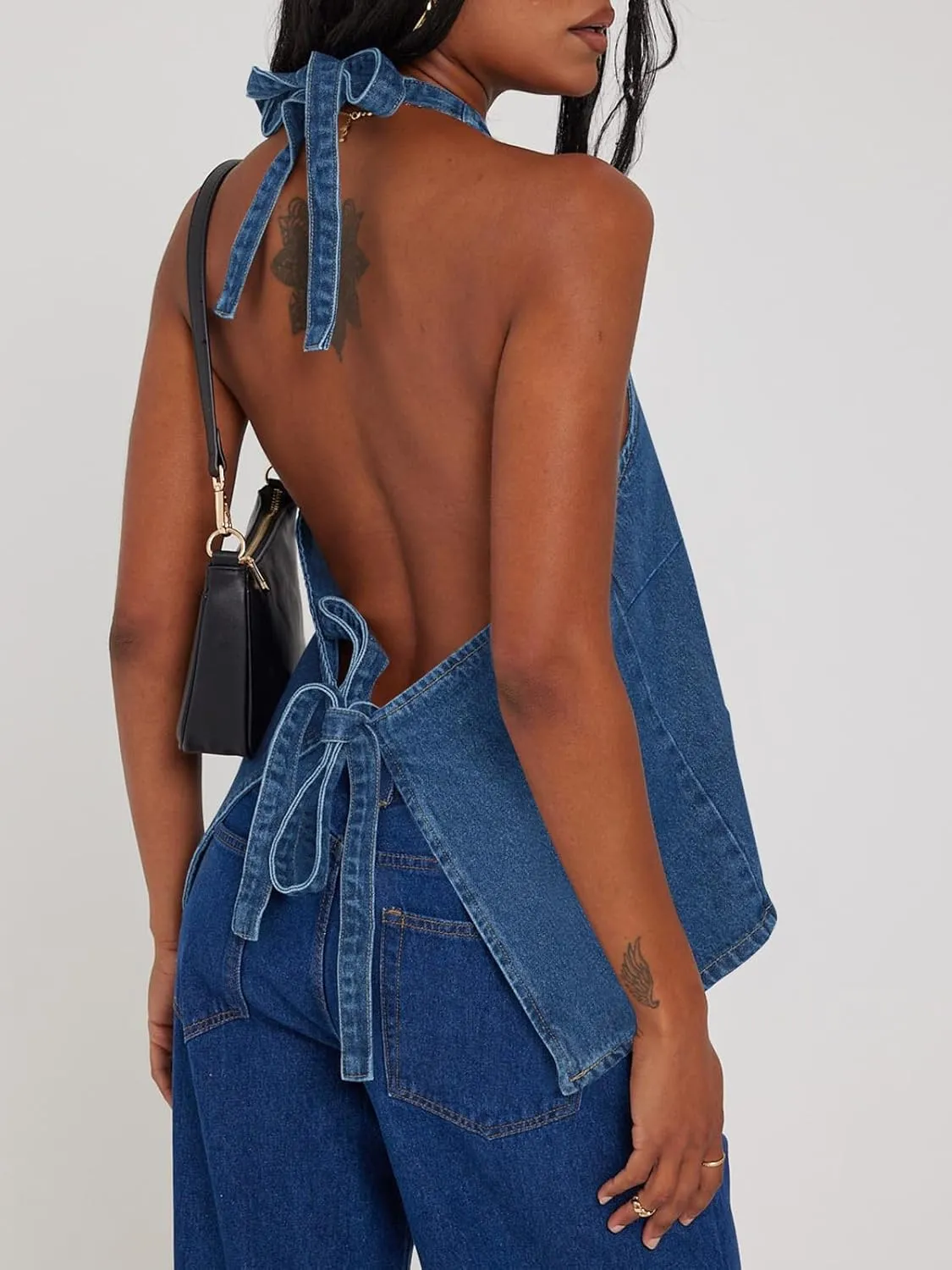 Tankaneo Womens Halter Denim Vest Tops Summer Open Back Y2K Going Out Tank Tops V Neck Button Down Jean Shirts