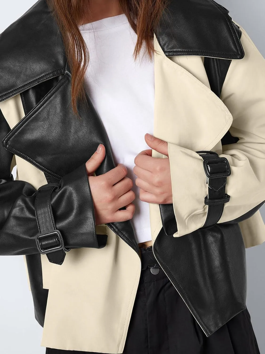 Tankaneo Womens Leather Cropped Jacket Fall Casual Trendy Oversized Color Block Motorcycle Coat