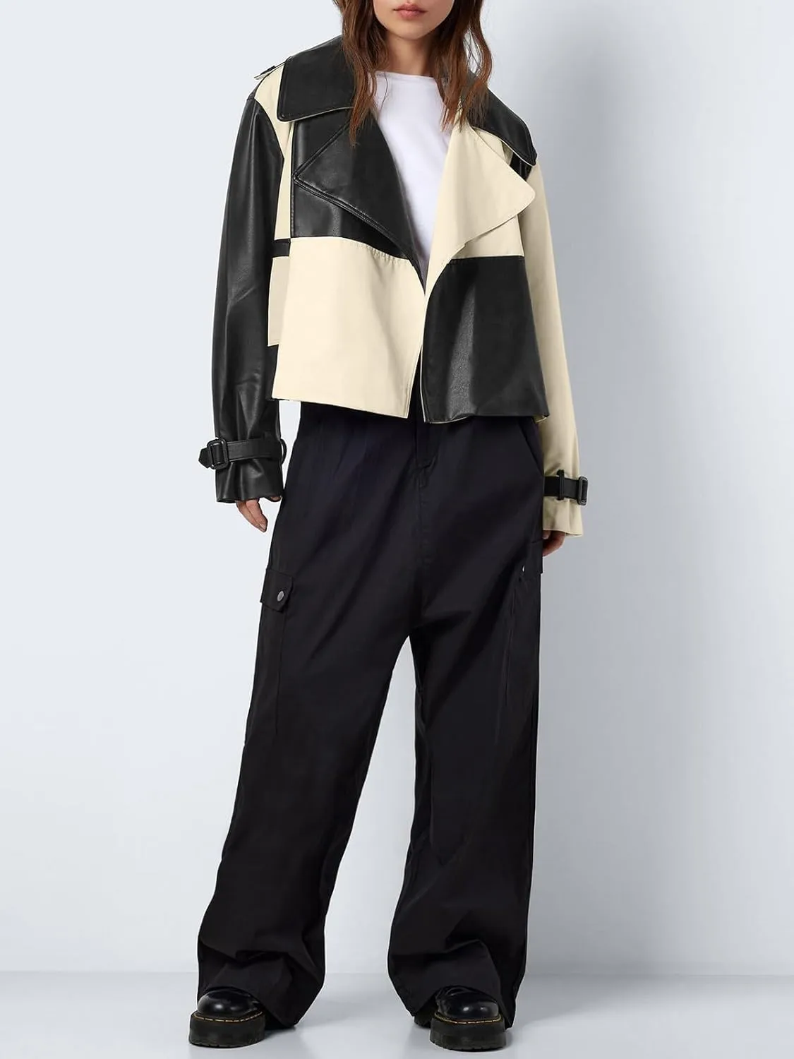 Tankaneo Womens Leather Cropped Jacket Fall Casual Trendy Oversized Color Block Motorcycle Coat