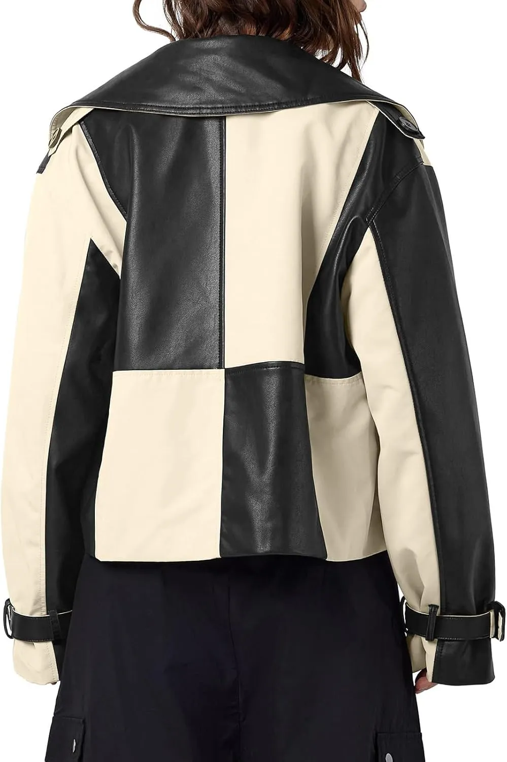 Tankaneo Womens Leather Cropped Jacket Fall Casual Trendy Oversized Color Block Motorcycle Coat
