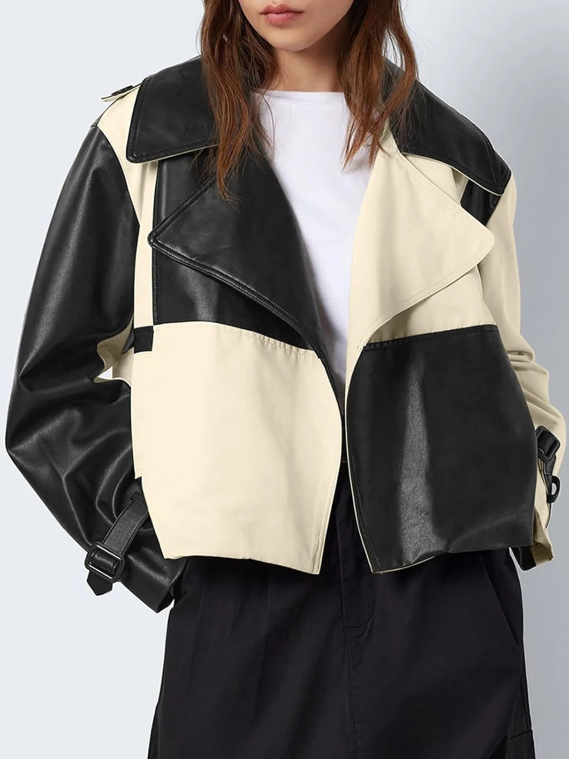 Tankaneo Womens Leather Cropped Jacket Fall Casual Trendy Oversized Color Block Motorcycle Coat