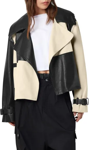 Tankaneo Womens Leather Cropped Jacket Fall Casual Trendy Oversized Color Block Motorcycle Coat