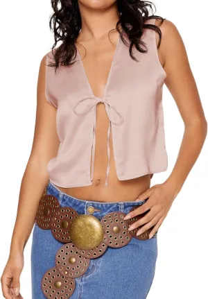 Tankaneo Womens Tie Front Tank Tops Summer V Neck Satin Sleeveless Club Sexy Y2K Cami Crop Tops