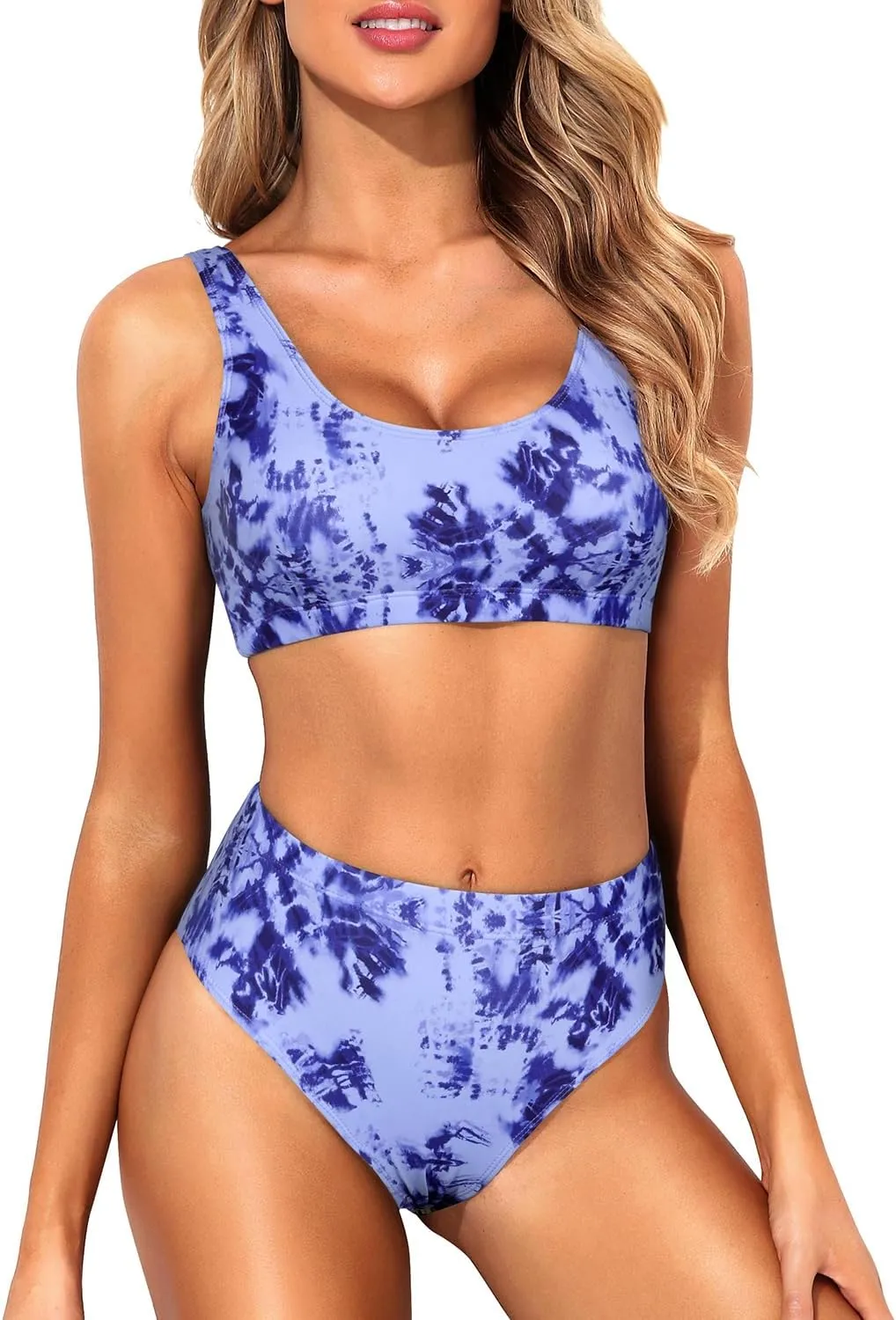 Tempt Me Women Two Piece Scoop Neck Bikini Crop Top Swimsuit Sporty High Waisted Bathing Suit