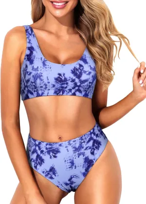 Tempt Me Women Two Piece Scoop Neck Bikini Crop Top Swimsuit Sporty High Waisted Bathing Suit