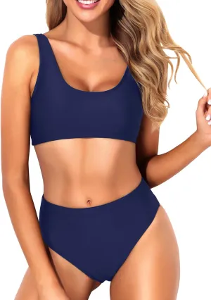 Tempt Me Women Two Piece Scoop Neck Bikini Crop Top Swimsuit Sporty High Waisted Bathing Suit