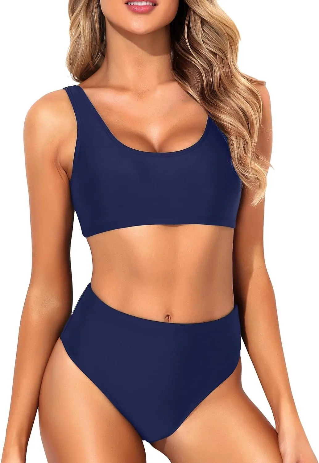 Tempt Me Women Two Piece Scoop Neck Bikini Crop Top Swimsuit Sporty High Waisted Bathing Suit