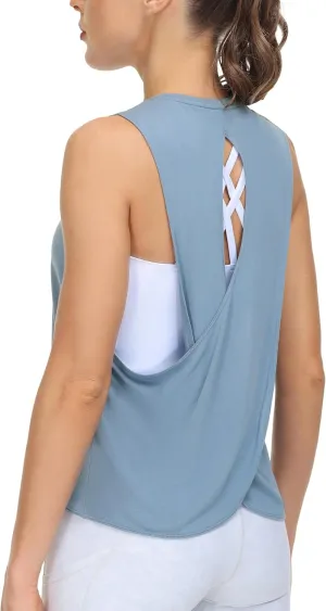 THE GYM PEOPLE Women's Open Cross Back Workout Tank Tops Loose Fit Sleeveless Yoga Running Shirts