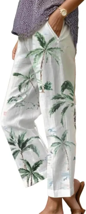 TIAFORD Womens Summer Boho Floral Print Drawstring Crop Pants Elastic Waist Casual Loose Beach Capris Trousers with Pockets