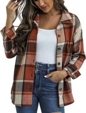 Traleubie Women's Flannel Jacket Plaid Shacket Lapel Button Down Long Sleeve Shirt Color Block Casual Coat