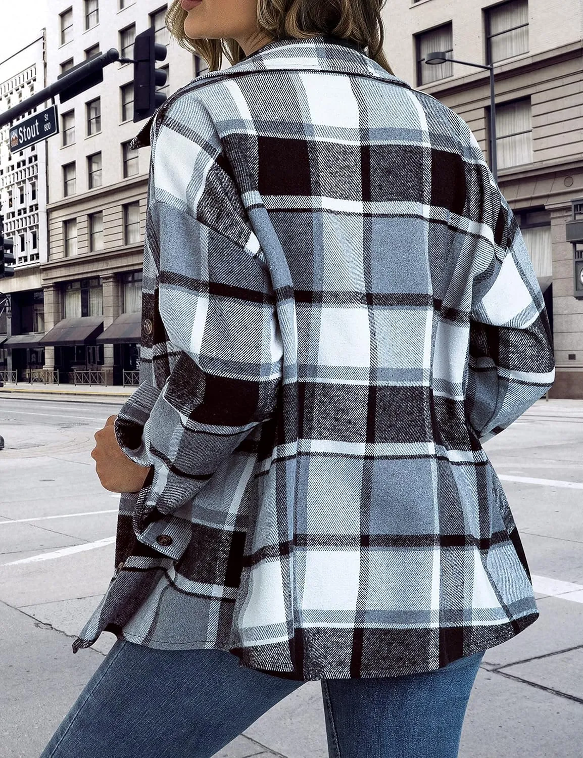Traleubie Women's Flannel Jacket Plaid Shacket Lapel Button Down Long Sleeve Shirt Color Block Casual Coat