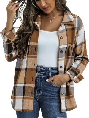 Traleubie Women's Flannel Jacket Plaid Shacket Lapel Button Down Long Sleeve Shirt Color Block Casual Coat