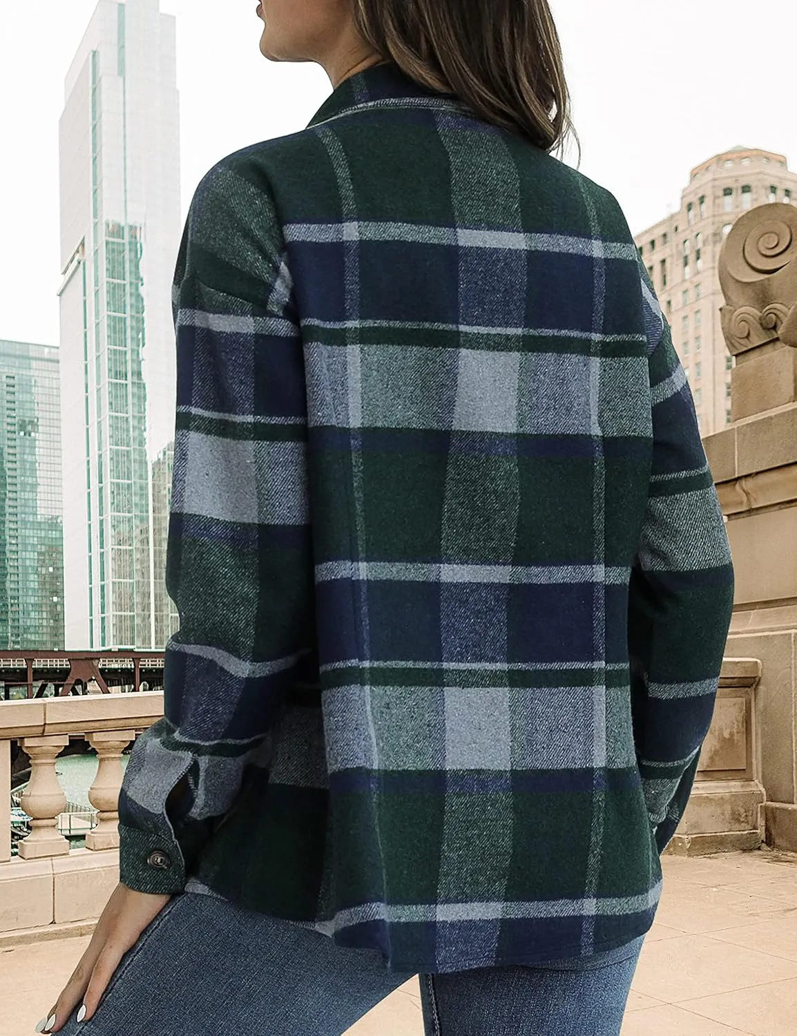 Traleubie Women's Flannel Jacket Plaid Shacket Lapel Button Down Long Sleeve Shirt Color Block Casual Coat