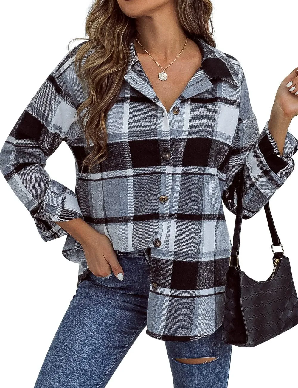 Traleubie Women's Flannel Jacket Plaid Shacket Lapel Button Down Long Sleeve Shirt Color Block Casual Coat