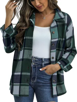 Traleubie Women's Flannel Jacket Plaid Shacket Lapel Button Down Long Sleeve Shirt Color Block Casual Coat