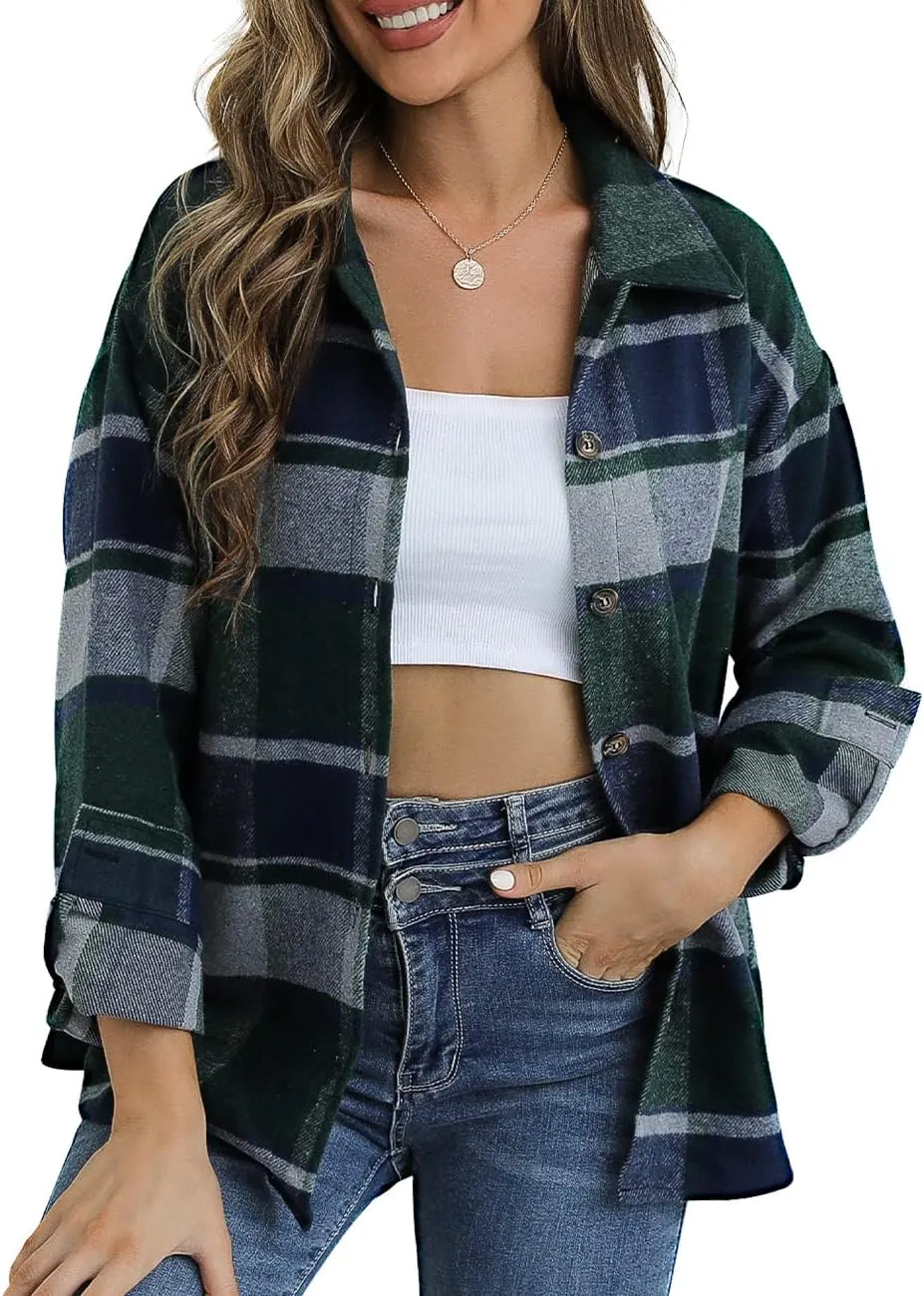 Traleubie Women's Flannel Jacket Plaid Shacket Lapel Button Down Long Sleeve Shirt Color Block Casual Coat