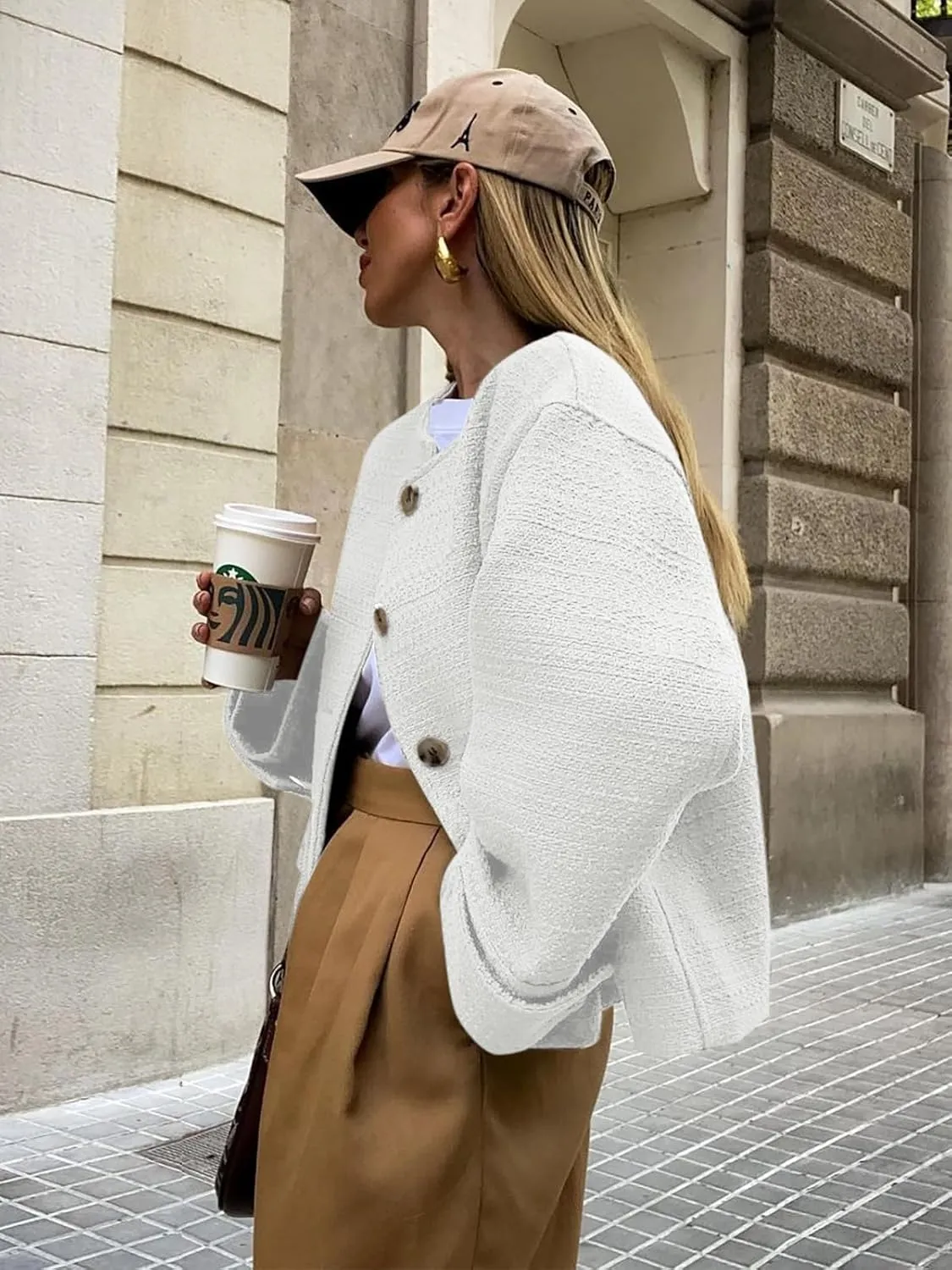 Tweed Jackets for Women 2024 Fall Long Sleeve Business Button Down Casual Cropped Blazer with Pockets