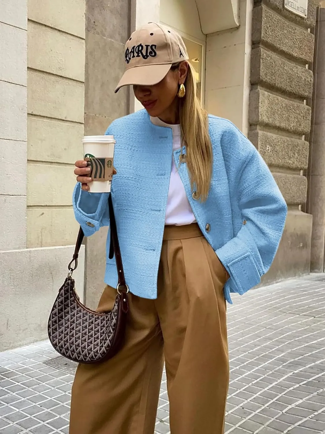 Tweed Jackets for Women 2024 Fall Long Sleeve Business Button Down Casual Cropped Blazer with Pockets