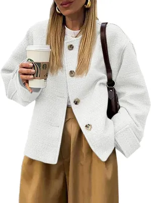 Tweed Jackets for Women 2024 Fall Long Sleeve Business Button Down Casual Cropped Blazer with Pockets